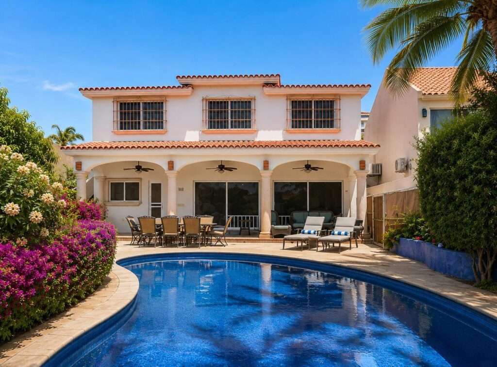 Cabo del Sol El Posito We are excited to introduce Casa Elisabeth, an amazing, newly constructed custom home in the private El Posito area of Todos Santos. Located just three rows back from the beach, this three-bedroom, three-full and two-half bathroom residence offers every amenity desired for a tropical paradise. The downstairs features an open-concept living room, dining room, and a fully stocked kitchen with brand-new appliances, including a dishwasher. The main floor also includes a laundry room and an outdoor water feature with a professionally designed rock wall. The principal bedroom downstairs offers a unique indoor/outdoor bathroom with two showers and an outdoor bathtub.Each of the three bedrooms includes an en-suite bathroom with double vanities. The upstairs bedroom features its own private furnished terrace and access to one of four large patios, complete with a bar area and outdoor furniture perfect for enjoying ocean sunsets. Additionally, a shaded third-floor observation deck provides panoramic ocean and mountain – 49 Paseo Finisterra, San Jose del Cabo, BS